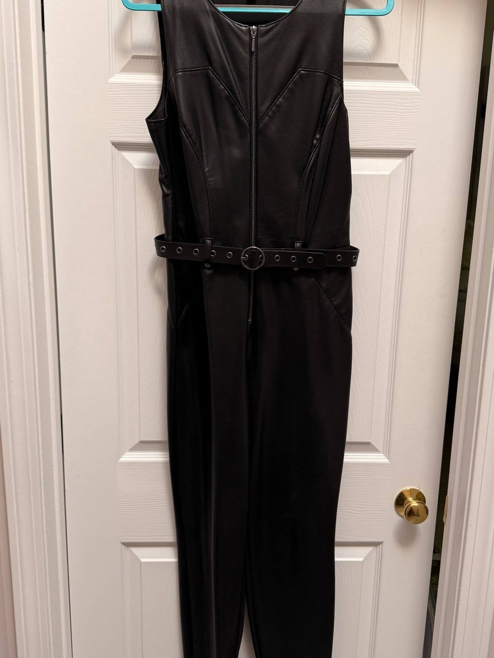 Black Guess Faux Leather Sleeveless Jumpsuit with Belt - Picture 2 of 5